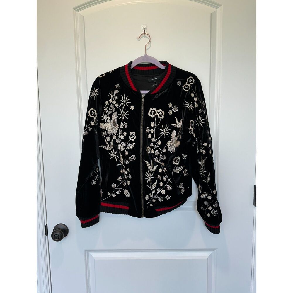 Miss Me Velour Embroidered Bomber Jacket Black with red trim Size Small